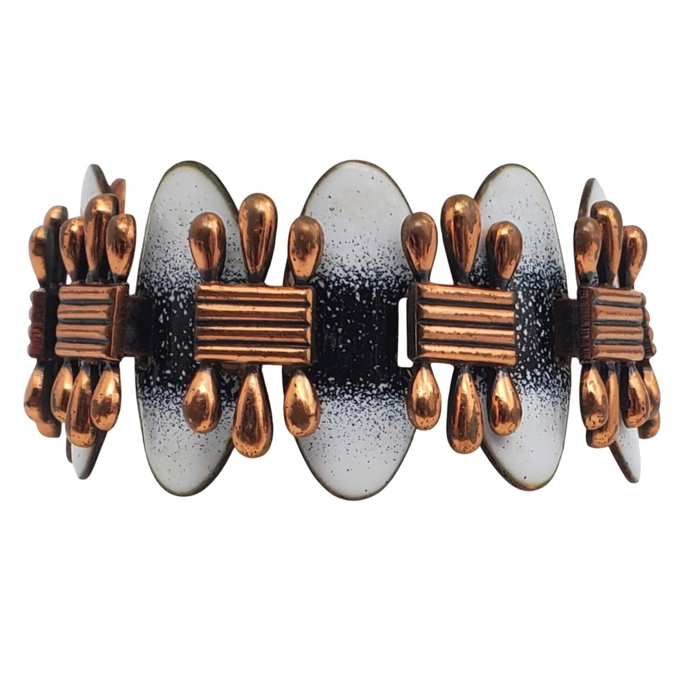 Matisse Oval Links Bracelet Copper White Black Enamel Modernist Artisan Renoir